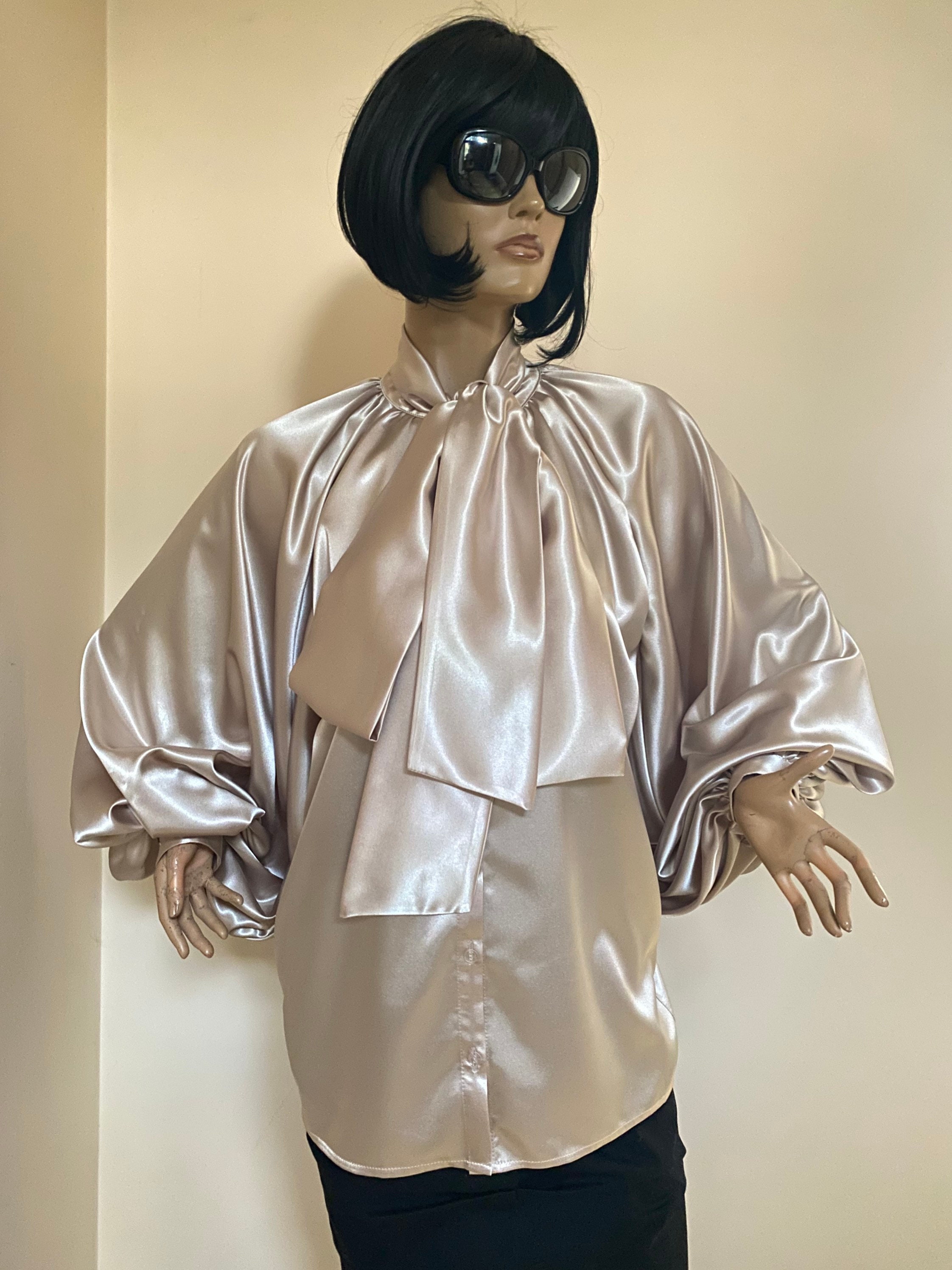 Cream Silk Blouse, Puff Sleeves Blouse ,silk Satin Shirt , Bow Tie