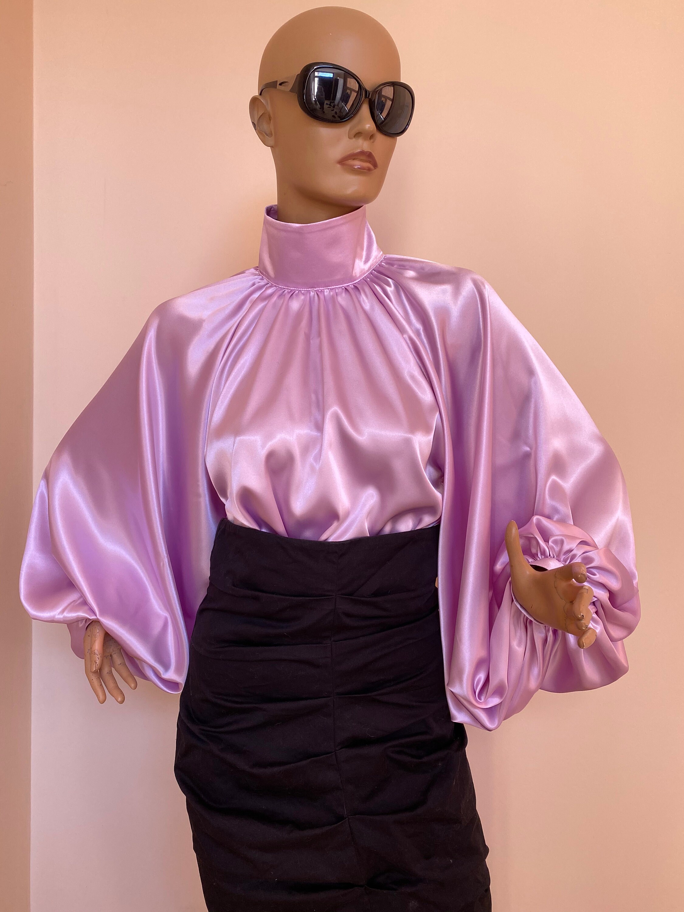 Lilac Satin Blouse Puff Sleeves Blouse Satin Shirt Bow Tie - Etsy New ...