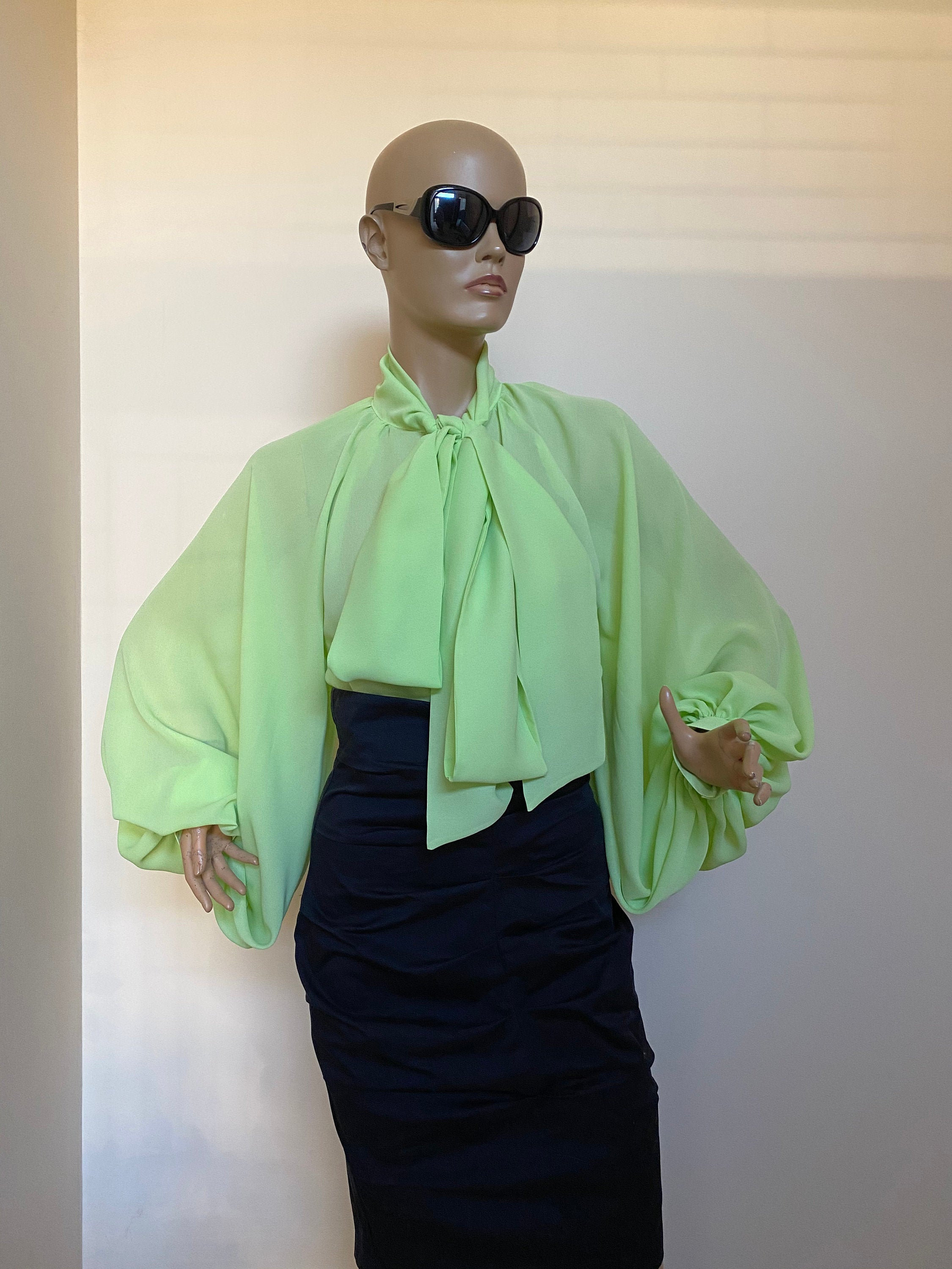 Chaartreuse Chiffon Blouse Puff Sleeves 