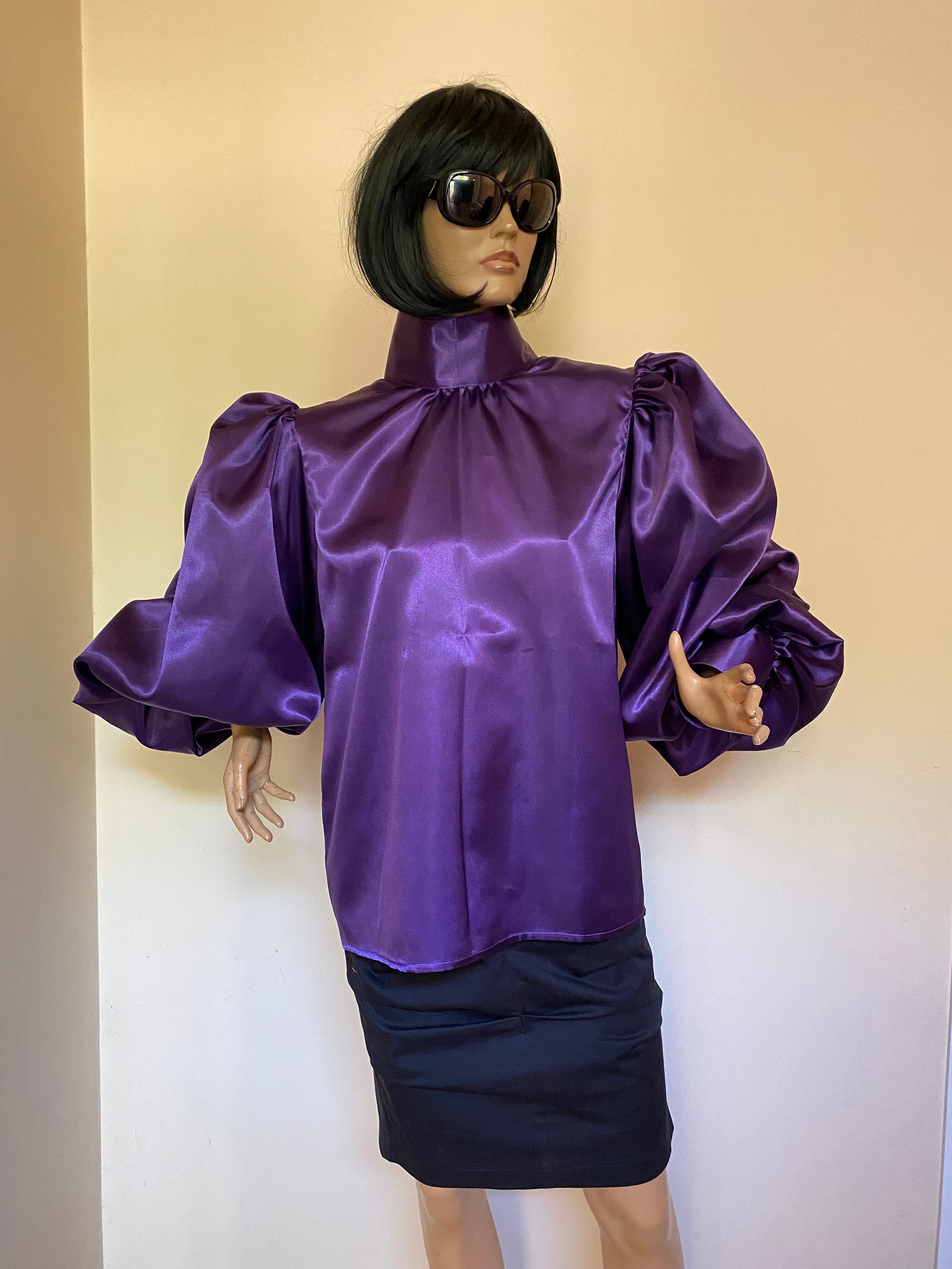 Purple Satin Blouse With Puffy Sleeves and High Victorian Collar and ...