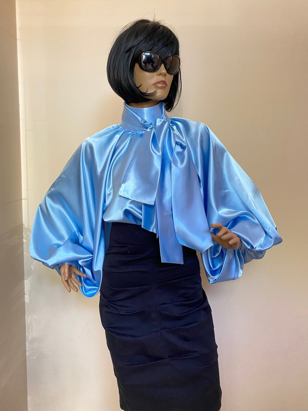 Baby Blue Satin Blouse, Puff Sleeves Blouse, Satin Shirt , Bow Tie White Satin Blouse , Formal