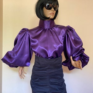 Purple Satin Blouse With Puffy Sleeves and High Victorian Collar and ...