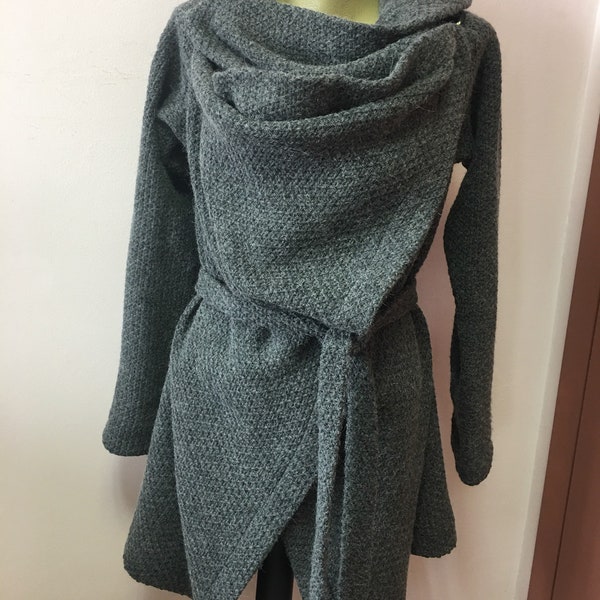 Grey Blanket Wrap Coat, Wool cardigan, Square coat, Wool wrapped coat