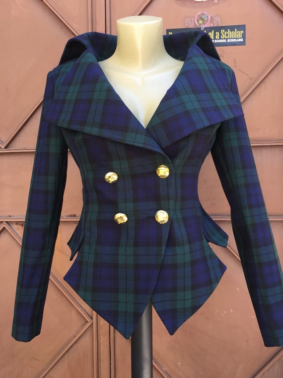 JustMariyaFromBG Plaid Jacket Blazer, Tartan Jacket Blazer, Steampunk Gothic Punk Grunge Jacket for Women, Black Watch Scottish Tartan Plaid Kilt Jacket