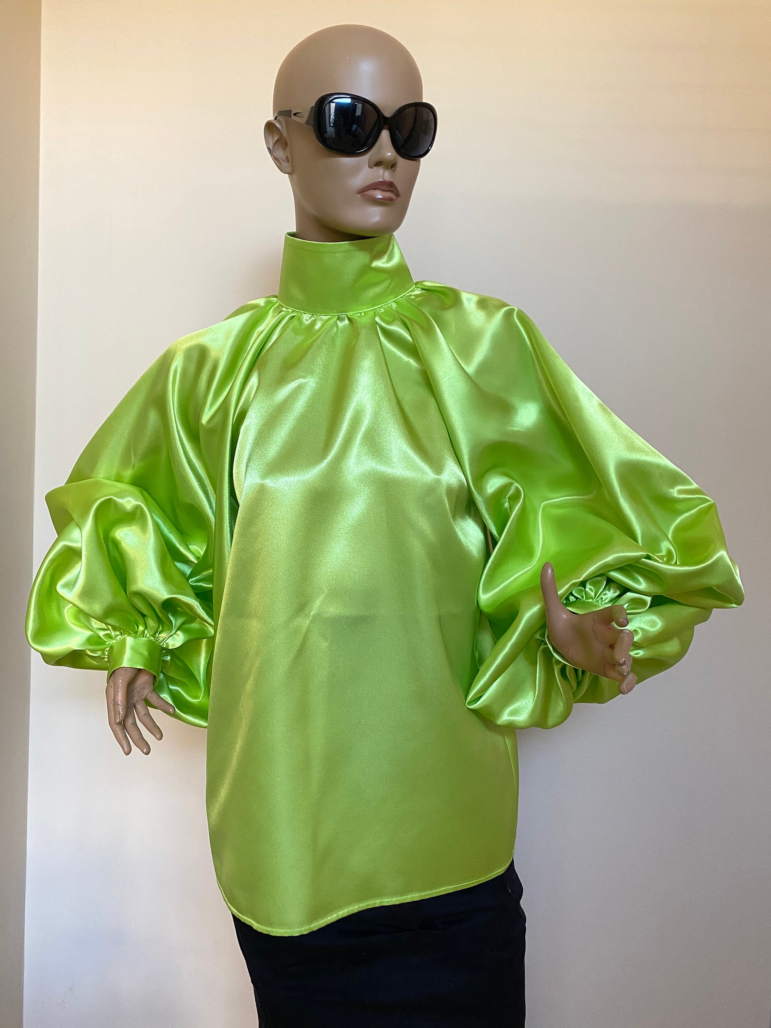 Lime Green Satin Blouse, Puff Sleeves Blouse, Satin Shirt , Bow Tie ...