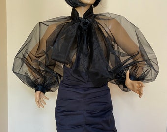 Sheer Transparent Organza Women's Formal Bow Puff Sleeves Blouse Shirt, See through organza blouse