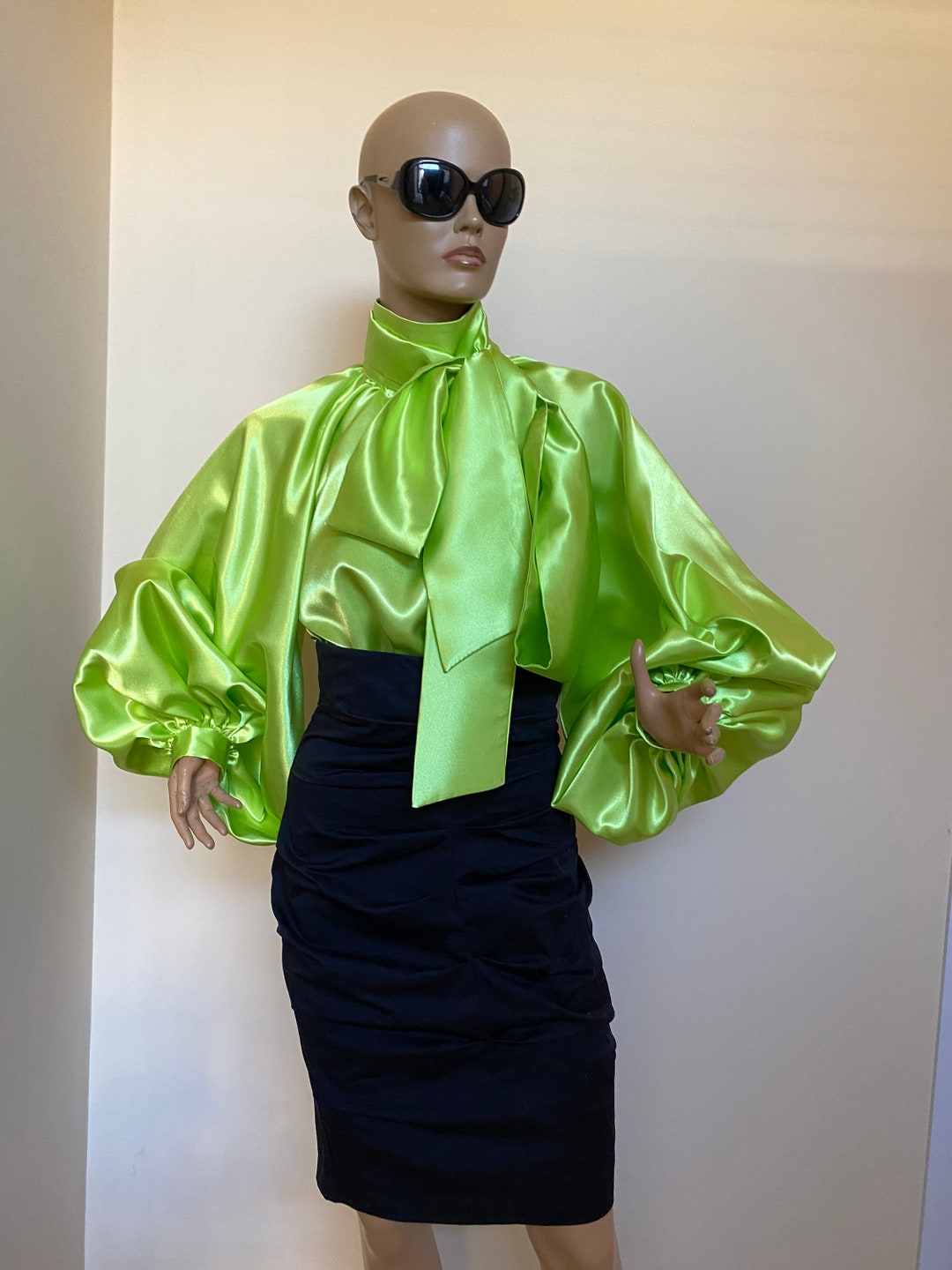 Lime Green Satin Blouse, Puff Sleeves Blouse, Satin Shirt , Bow Tie