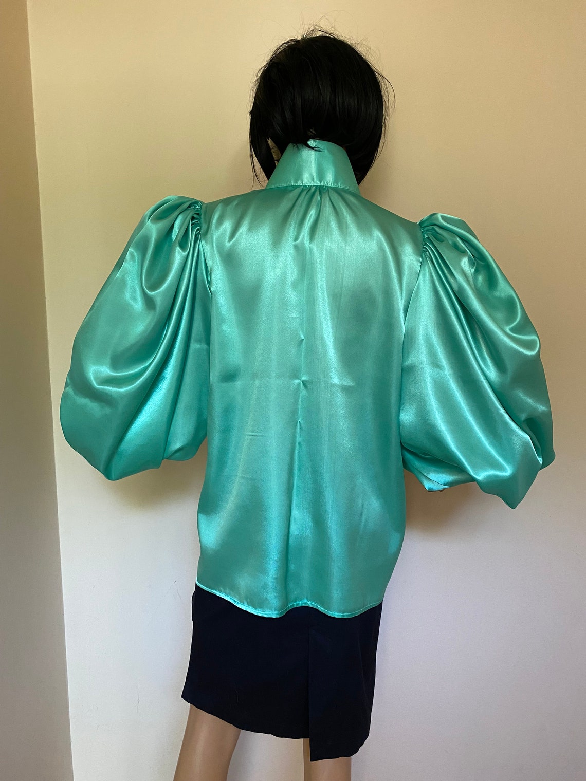 Satin Puff Sleeve Shirt Green main image 1
