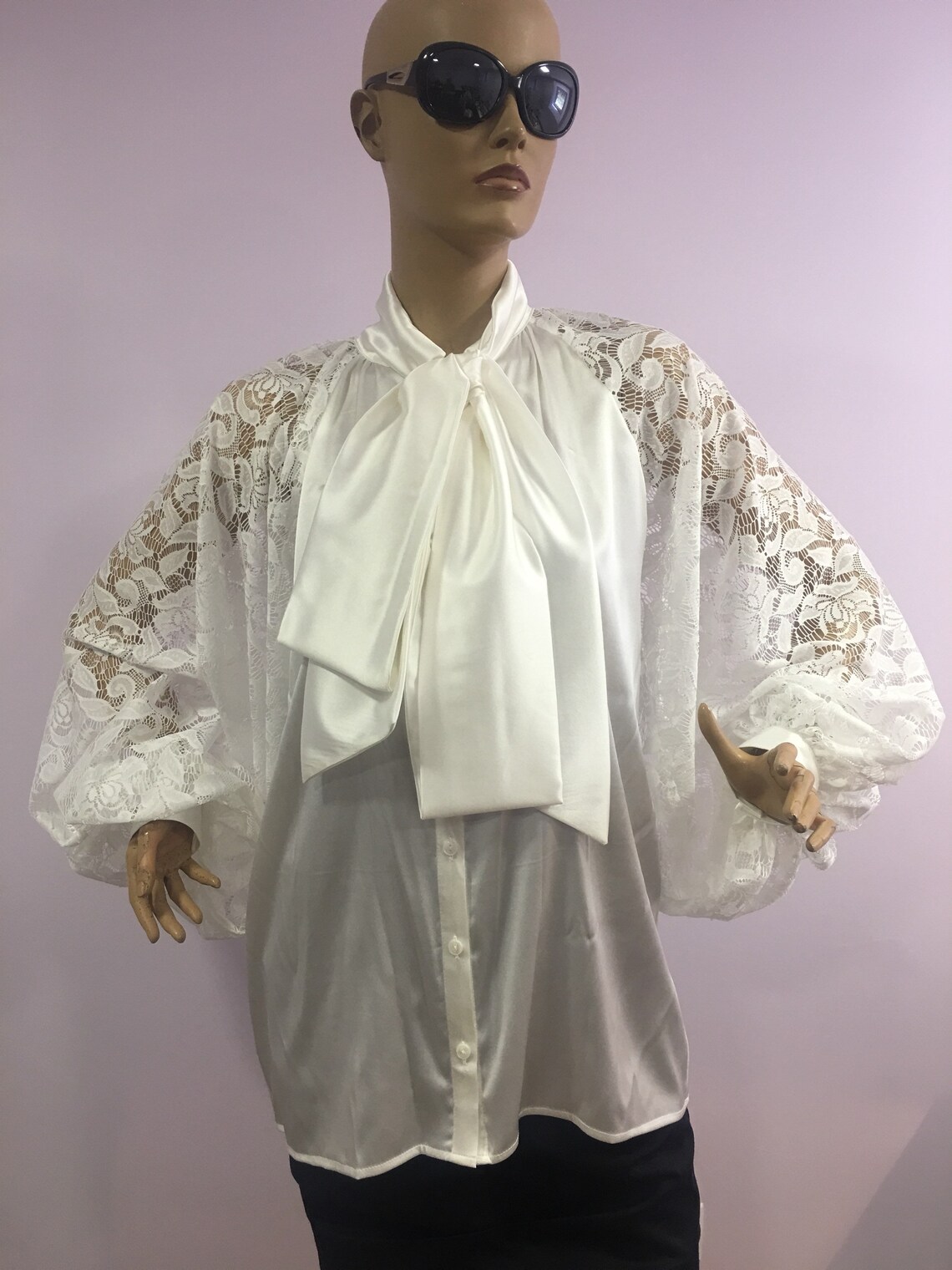 White Lace Satin Blouse Puff Sleeves Blouse Satin Shirt - Etsy