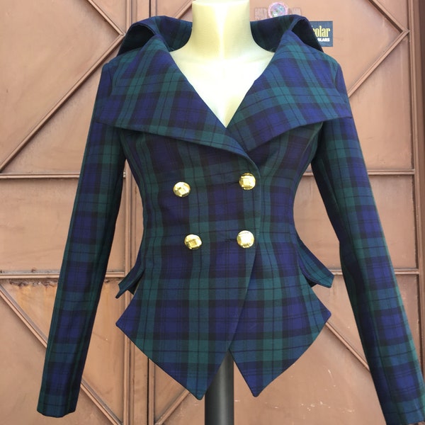 Veste à carreaux blazer, blazer jacket de Tartan, Steampunk gothique Punk Grunge veste pour femme, noir montre écossais Tartan Plaid Kilt Jacket