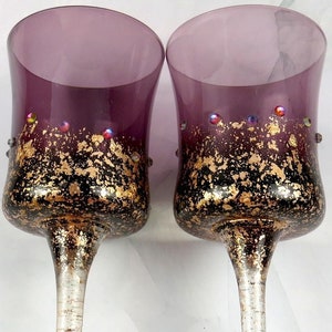 Hand Painted Purple Wine Glasses with Gold Foil & Swarovski Crystals (Set of 2)