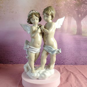 LARGE 2X SIGNED Lladro ANGELS Sculptor & Artist 15&quot; Waiting for a Rainbow #6803 Retired 2000 Cherub boy girl wings porcelain cupid figure