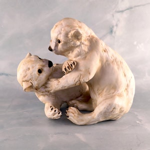 Rare! Kaiser POLAR BEARS PLAYING 5.5&quot; x 6.5&quot; porcelain figure #605 signed hand painted Engraved by Sculptor white bear cubs