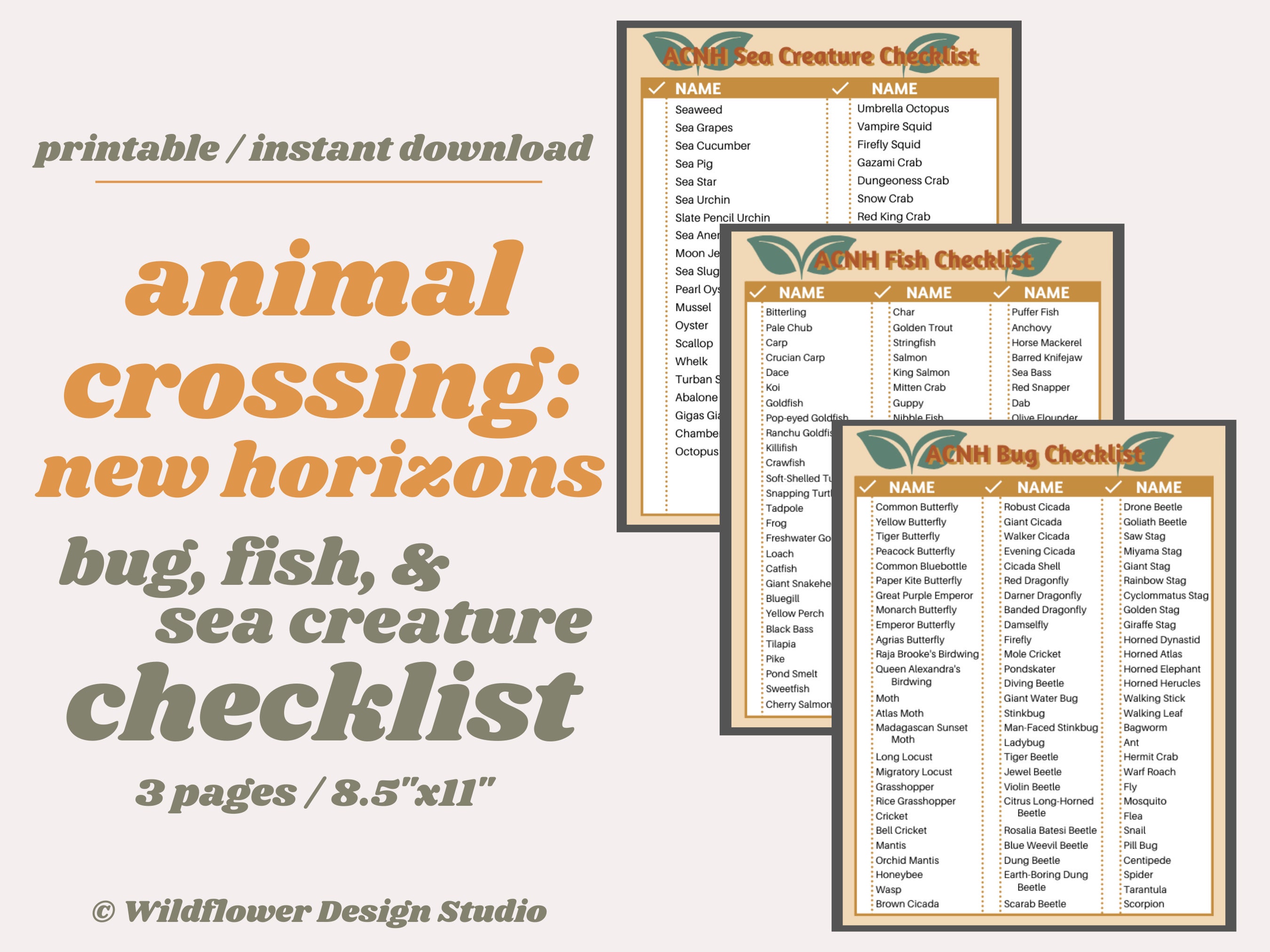 ACNH Bug Fish Sea Creature Checklist Animal Crossing New - Etsy