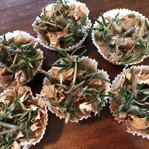 May include: Six small white paper cups filled with brown wax and sprigs of rosemary. The wax is melted and dripped over the rosemary.
