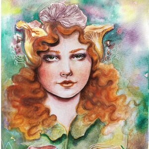 Mystical Woodland Nymph A3/A4 Print, inspired by woodland Fairies, mushrooms, and the Divine Feminine. Natural feminine art in pastel shades