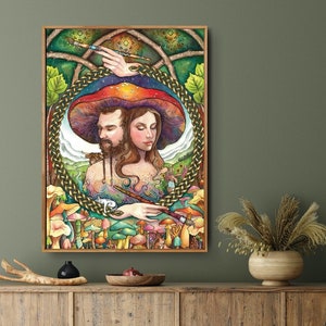 The Wanderer&#39;s Solace - Mushroom people, fungi artwork, mushroom art, couple art, fungi print