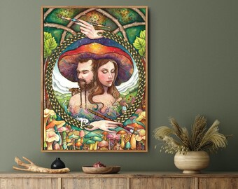 The Wanderer's Solace - Mushroom people, fungi artwork, mushroom art, couple art, fungi print