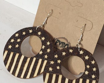 American Flag Earrings, Patriotic Earrings, Memorial Day Earrings,  Round Earrings, Wood Burned Earrings,