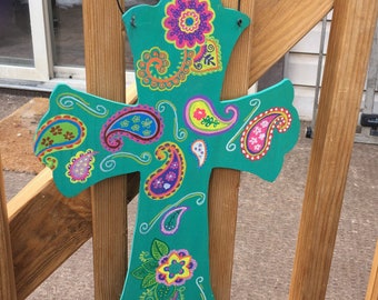 Easter Cross Door Décor, Painted Paisley Design Cross Sign, Easter Cross Door Sign, Paisley Easter Cross, Teal Cross Paisley Pattern