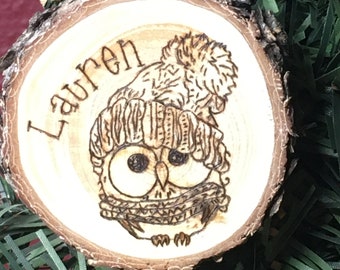 Owl Winter Wood Burned Christmas Ornament, Personalized Holiday Ornament, Custom Gift Tag Add On