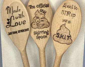 Novelty Spoon Set, Wood Burned Spoons, Funny Sayings Spoon Set, Stir the pot spoon, Made with love spoon, About to stir up some...