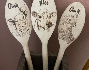 Farm Sweet Farm Spoon Set, Farmhouse Wood Burned Spoon Set, Farm Animals Spoon Set, Farmhouse Kitchen