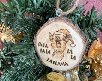 Llama Christmas Wood Burned Ornament, Llama Singing Fa La La