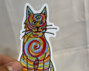 Adesivo lucido impermeabile colorato psichedelico del terzo occhio a spirale del gatto Trippy