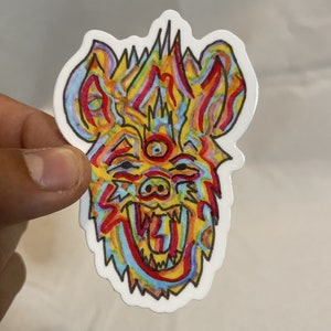 Colorido psicodélico tercer ojo hiena trippy fresco impermeable pegatina brillante