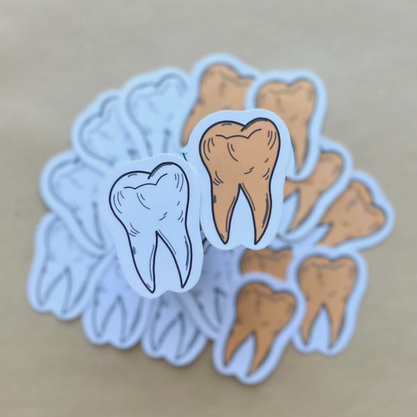 Tooth Die Cut Stickers, White or Gold Teeth, Weatherproof Sticker, Water Bottle Sticker, Laptop Sticker, Dental, RDH, CDA, Lucky, Protection