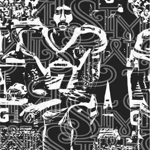 May include: Black and white graphic art of a football player in a jersey with the number 7. The image has a vintage, stencil-like aesthetic with decorative swirls and text elements in the background.