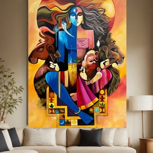 Ardhnarishwara Shiva Parivaar Painting: Hindu God Acrylic Art (30x40 inch)