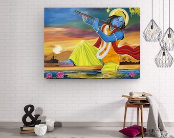 Hand-Painted Lord Krishna Oil Painting: Hindu God Wall Art