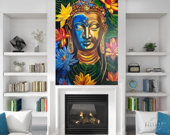 Puede incluir: Una pintura de un Buda dorado con detalles azules y dorados rodeado de flores y hojas coloridas. El Buda está representado con los ojos cerrados y una expresión serena.