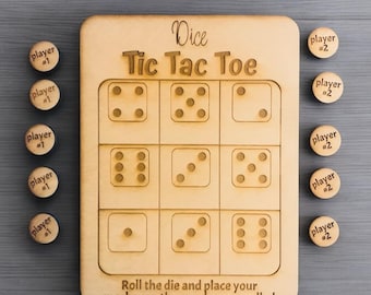 May include: A wooden tic-tac-toe game with dice. The game board has nine squares, each with a different number of dots representing a die roll. There are wooden markers for two players, labeled "player #1" and "player #2". The game instructions read "Roll the die and place your marker on the number you rolled."