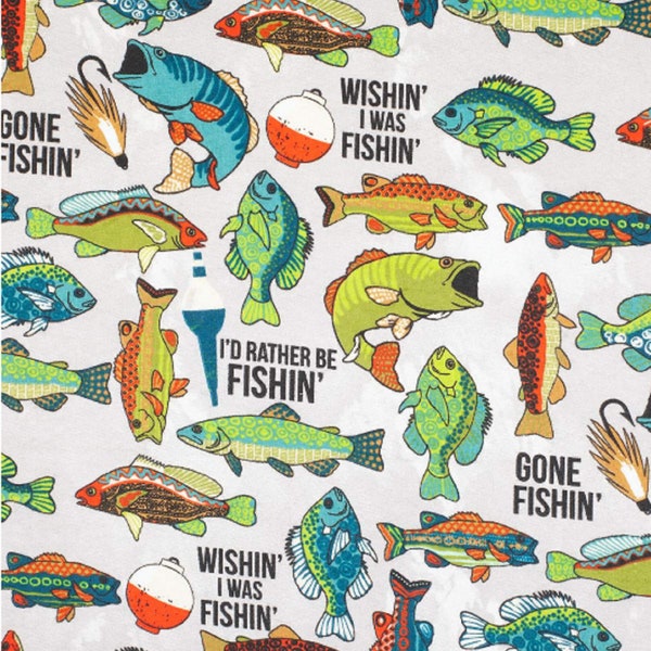 Cotton Flannel - Gone Fishing Fish - By the yard - 100% Cotton Flannel