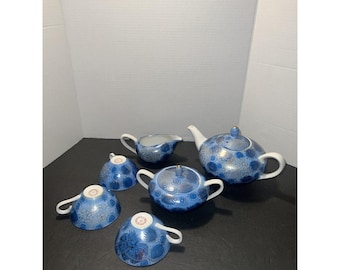 Ensemble de théière en sucre bleu or Kutani authentique du japon, pivoines chrysanthèmes