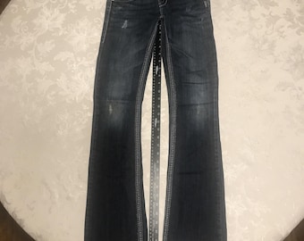 Silver Jeans Co Dawson Bootcut Dark Wash Distressed Thick Stitch Jeans Maat 28