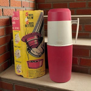 Vintage 1960s Thermos Vacuum Bottle: Red & White Camping Jug with Original Box