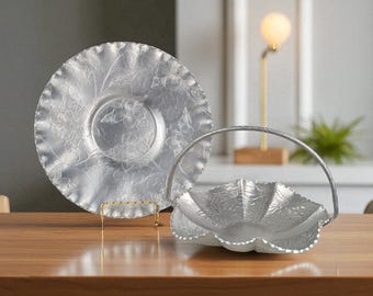 Vintage Hand Forged Aluminum Floral Basket and Plate Set – 1950s Metalware Home Accents