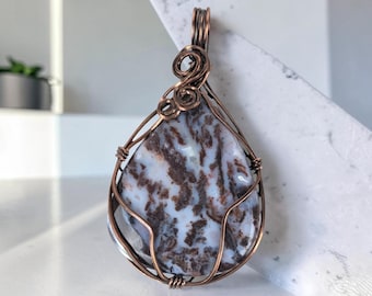Dendritic Jasper Copper Wire Wrapped Pendant Handmade Oxidized Boho Gemstone
