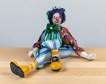 Vintage Ganz Shelf Sitter Clown Puppe: Porzellan & Stoff Kostüm