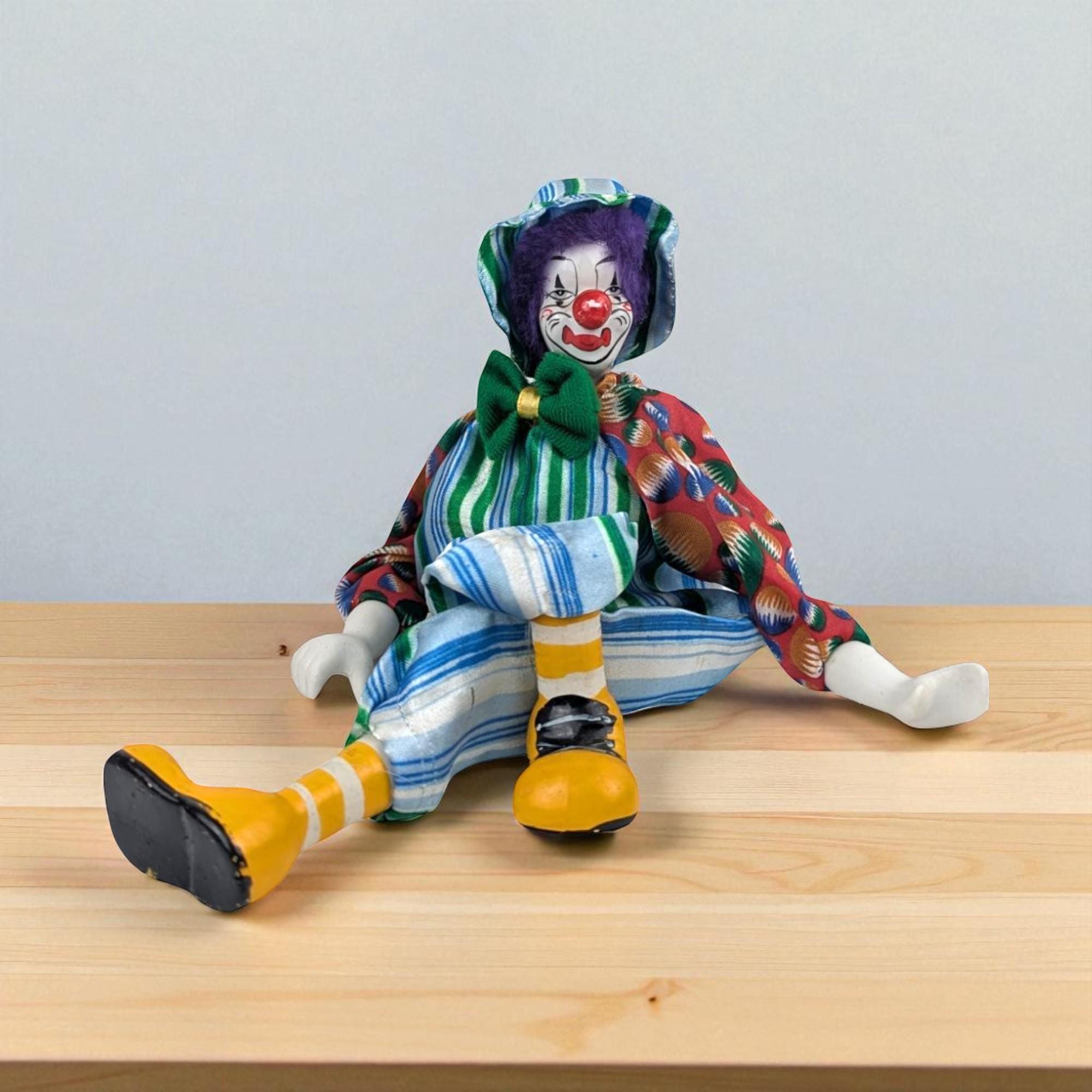Vintage Ganz Shelf Sitter Clown Doll: Porcelain & Fabric Costume