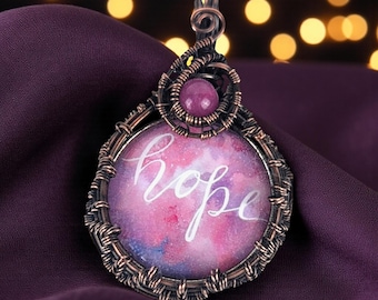 Copper Wire Wrapped Pendant with Hope Word, Inspirational Purple Jewelry