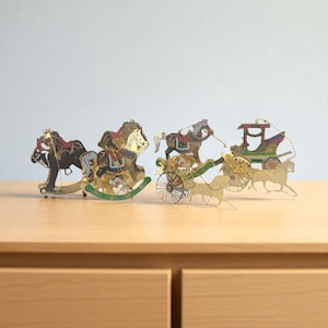 Vintage Brass Colored Metal Ornaments, Set of 7, Horse & Buggy, Rocking Horse, Christmas Tree Ornaments, Holiday Decor, Gift for Collectors