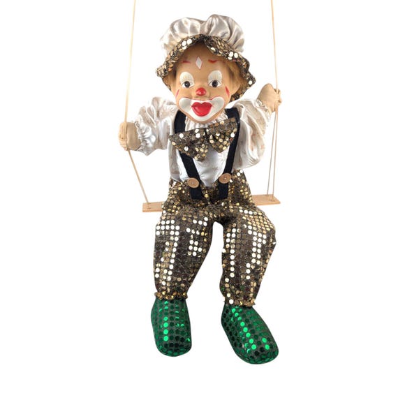 Vintage Porcelain Clown Doll on Swing, Green Gold Sequin