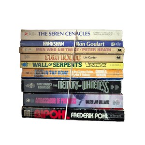 Vintage Sci-Fi Fantasy Book Lot, 70s 80s Paperback Collection, Frederik Pohl, Kim Stanley Robinson, L. Sprague de Camp, Pulp Sci-Fi