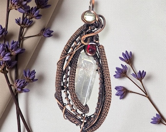 Wire Wrapped Quartz Pendant Copper Crystal Jewelry Handmade Boho Gift