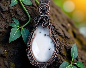 Dendritic Opal Pendant Handmade Copper Wire Wrapped Gemstone Jewelry